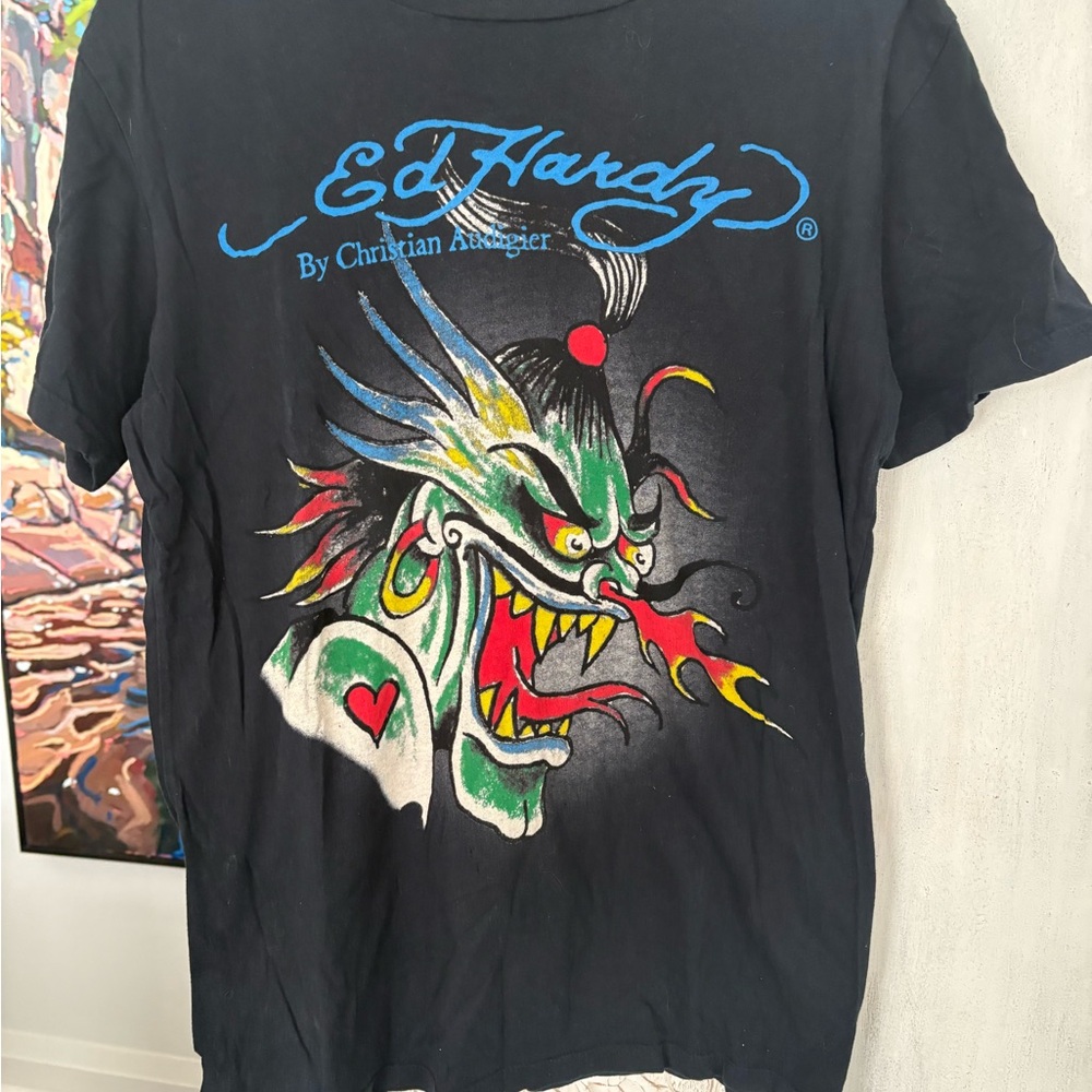 Vintage Ed Hardy Christian Audigier Black Tee with Vibrant Dragon Design